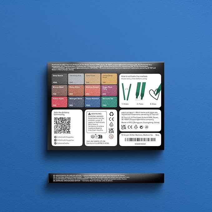 ARTISTRO 12 Glitter Paint Pens Sparkly and Shiny for Glass, Rock Painting, Ceramic, Wood, Fabric, Scrapbooking, DIY Craft Making, Coloring - Acrylic Paint Markers Medium Tip 3.0mm