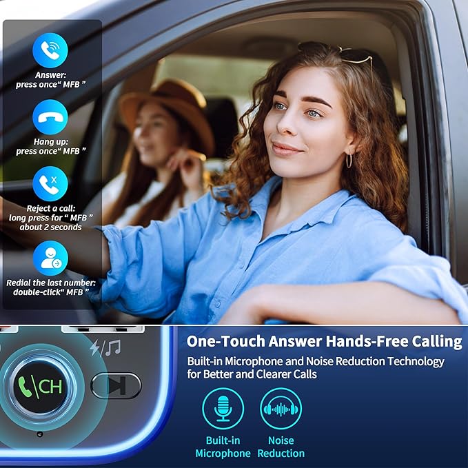 SONRU Bluetooth 5.3 FM Transmitter, Wireless Radio Adapter Car Kit, Audio Receiver Car Charger, Wireless FM Radio Transmitter, Hands-Free Calling and 2 USB Ports Charger, HiFi Treble & Bass Player