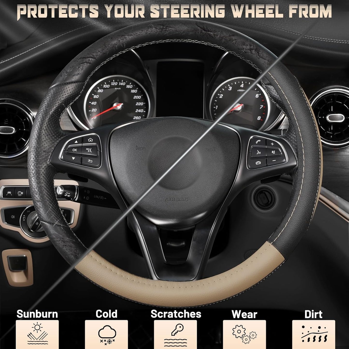 SEG Direct Car Steering Wheel Cover Universal Standard Size 14.5-15 inch, Black and Beige Microfiber Leather