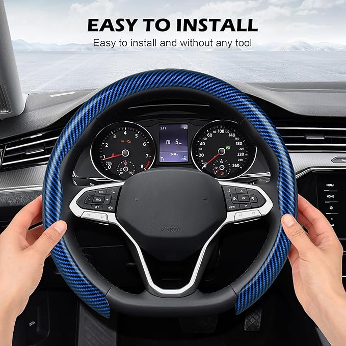 frani Leather Steering Wheel Cover, Universal 15 Inch Premium Non-Slip Steering Wheel Cover Blue Carbon Fiber Texture
