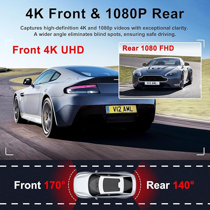 Dash Cam Front and Rear, 4K Ultra HD Dash Camera for Cars, 64GB Card Included, Built-in 5G WiFi Mobile APP Control, 3" IPS Screen,Super Clear Night Vision, 170°Wide Angle,G-Sensor, 24H Parking Monitor