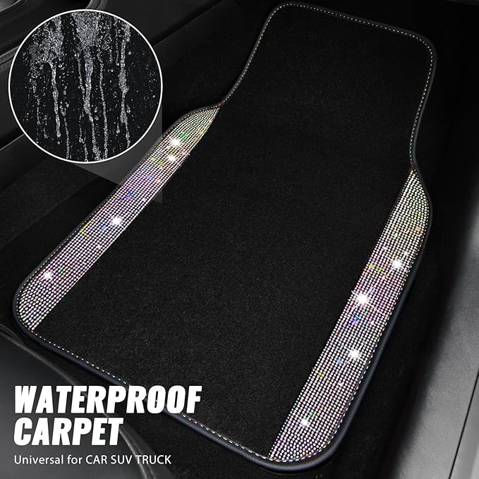 CAR PASS Bling Diamond Leather Steering Wheel Cover 14.5in-15in Floor Mats Shining Rhinestone Carpet Sparkly Glitter Crystal Anti-Slip Pad Fit Automotive SUV Pickup Truck Girl Women, 5pcs Multicolor