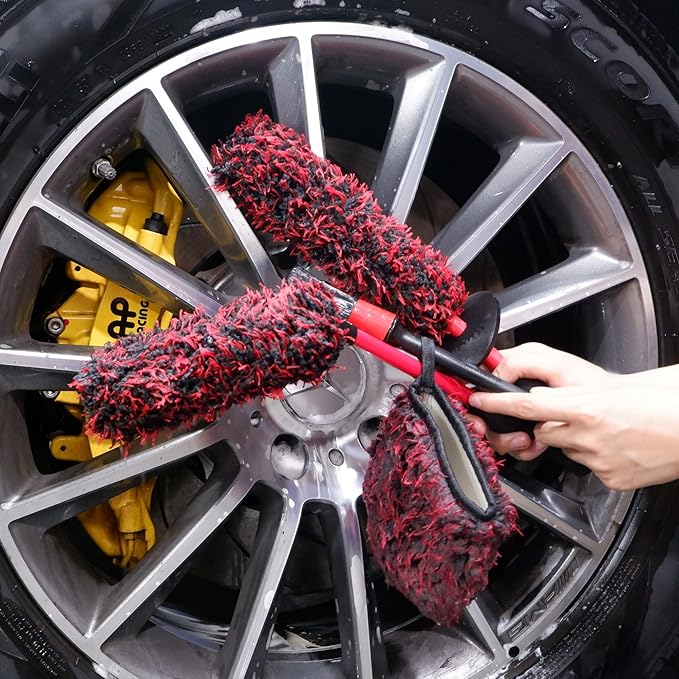Metal Free Microfiber Wheel Brush Kit- Microfiber Angled Wheel Brush, Long Handle Wheel Brush, Tire& Detailing Brush, Wheel Wash Mitt. Hands-On Wheel Detailing Kit for Daily Wheel Cleaning