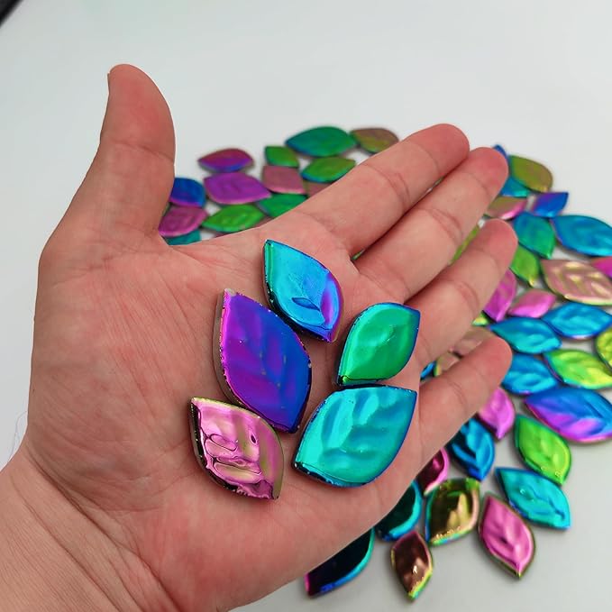 1.1LB Iridescent Leaves Ceramics Mosaic Tiles,Making Creative 3 Size Ceramic Mosaic Pieces for DIY Craft,Flowerpots,Vases,Cups,Garden Decor Mosaic Making Supplies (Mix Rainbow)
