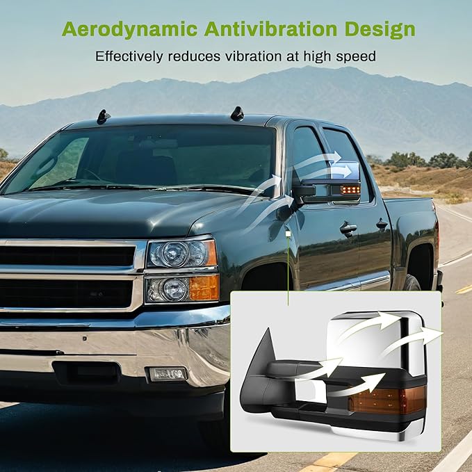 AUTOSAVER88 Towing Mirrors Compatible with 2003-2007 Chevy Silverado GMC Sierra 1500 2500 3500 Tahoe Suburban Avalanche Yukon Power Heated LED Signal Side View Mirror Pair Chrome