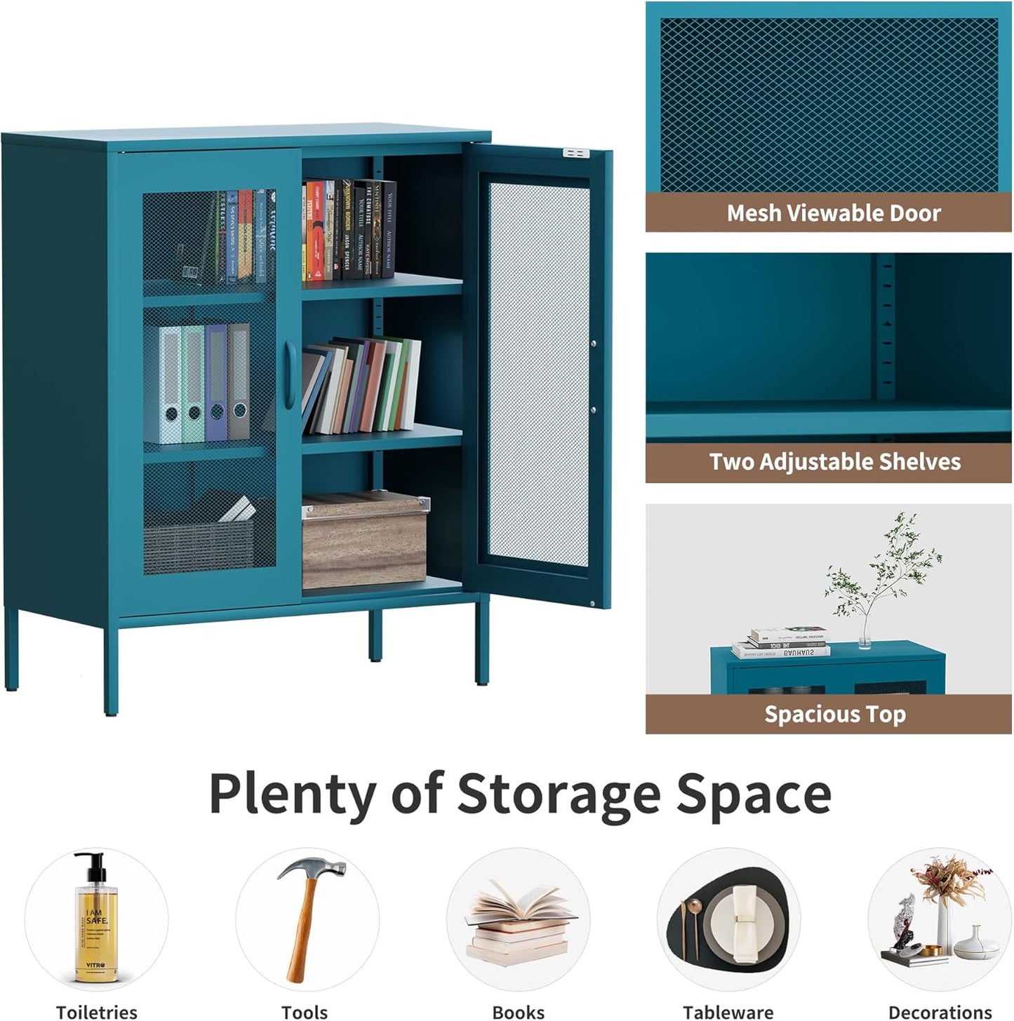 Metal Storage Cabinet with Mesh Doors,Steel Display Cabinet with Adjustable Shelves,Metal Office Storage Locker for Home Office,Garage(Blue, 40''H)