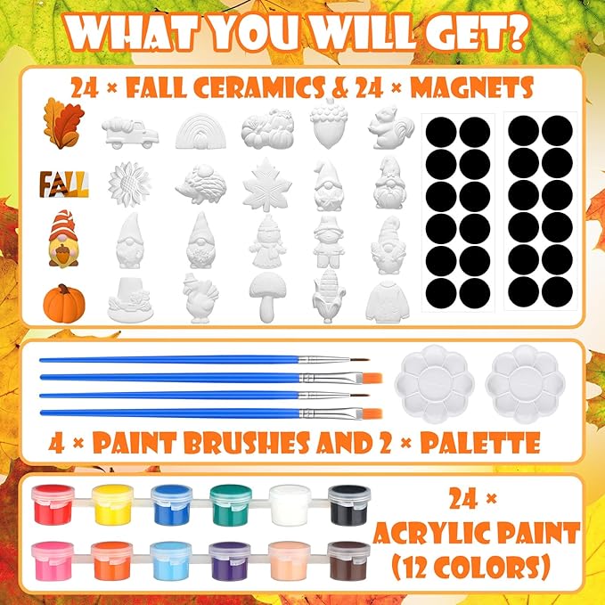 Simgoing 24 Sets Fall Ceramic Painting Kit for Adults Thanksgiving Unpainted Paint Your Own Figurines DIY Ready to Paint Ceramics Painting Crafts Arts and Crafts Set with Soft Magnetic Strips