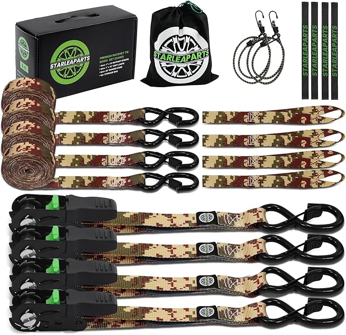 Motorcycle Tie Down Strap (4PK) - 2,100lb Break Strength Ratchet Tie Down Straps Set with 2 Bungee Cord, Soft Loop Ratchet Straps for Moving Appliances, Lawn Equipment, Cargo Straps for Trucks, Camo