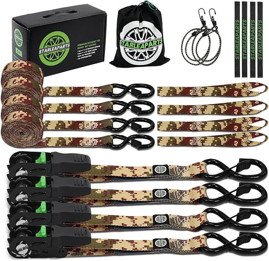 Motorcycle Tie Down Strap (4PK) - 2,100lb Break Strength Ratchet Tie Down Straps Set with 2 Bungee Cord, Soft Loop Ratchet Straps for Moving Appliances, Lawn Equipment, Cargo Straps for Trucks, Camo