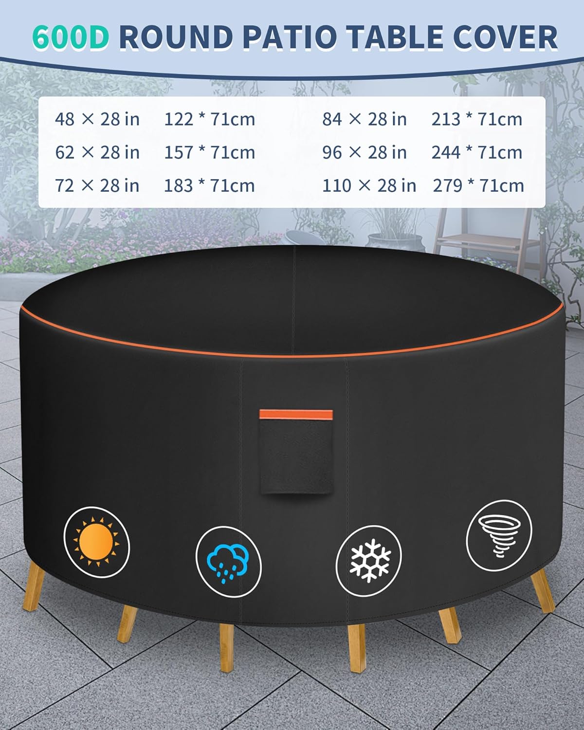 Round Patio Furniture Cover, 48 Inch Diameter Waterproof 600D Heavy Duty Table and Chair Set Protection Black