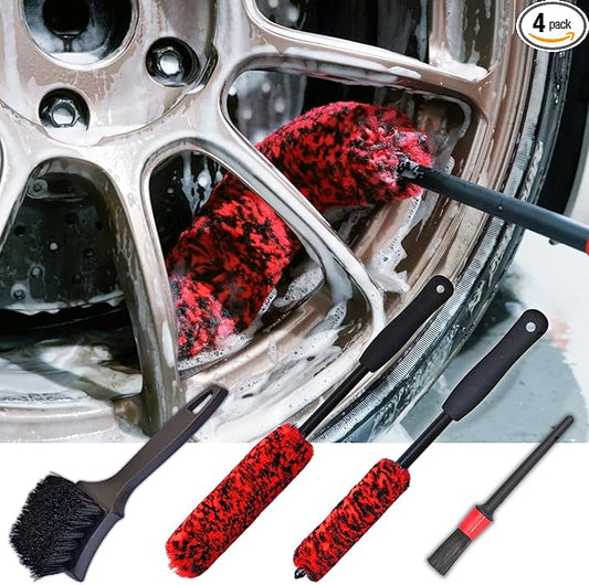 Wheel Brushes for Cleaning Wheels (4 Pro Pack)- 2X Soft Wheel Cleaning Woolies Brush, Detailing Brush and Stiff Tire Brush, Scratch Free Durable Car Wheel Rim Brush Kit for Car Rim and Tire Detailing
