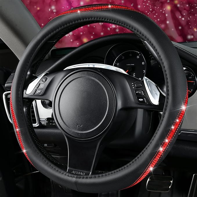CAR PASS Bling Diamond Black Leather Steering Wheel Cover, Studded Crystal Rhinestones Universal Fit 14" 1/2-15" Glitter for Women Sparkle Girl Fit Suvs,Vans,Sedans,Car,Trucks, Red Diamond