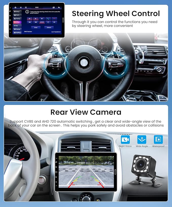 10.1 inch Single Din Car Stereo CarPlay Android Auto Mirror Link, Rimoody RotationalTouch Screen 1280x720 Car Radio with BT 5.2 FM/AM/RDS/EQ USB/AUX/TF/SWC/MIC Car Audio Receiver Backup Camera