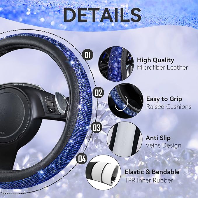 CAR PASS Bling Diamond Leather Steering Wheel Cover 14.5in-15in Floor Mats Shining Rhinestone Carpet Sparkly Glitter Crystal Anti-Slip Pad Fit Automotive SUV Pickup Truck Girl Women, 5pcs Black Blue