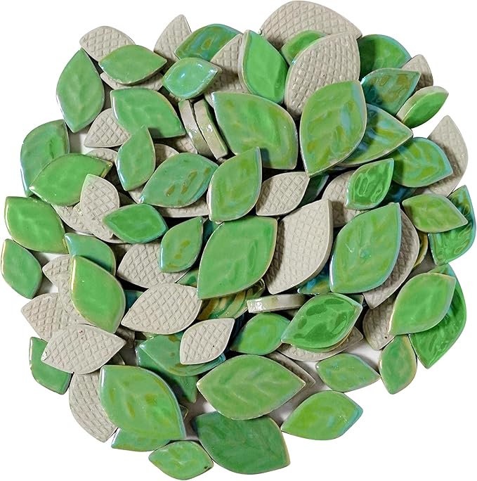 1.1LB Random Iridescent Leaves Ceramics Mosaic Tiles, Making Creative 3 Size Ceramic Mosaic Pieces for DIY Craft,Flowerpots, Vases, Cups, Garden Decor Mosaic Making Supplies (Green)