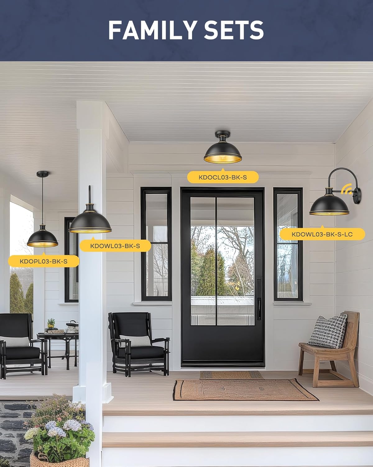 kudos Outdoor Pendant Light, 12" Large 1-Light Hanging Porch Lights, Black Outside Chandelier for Porch Gazebo Patio Entryway, KDOPL03-BK-S