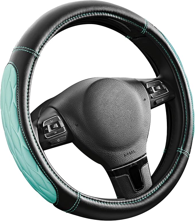 PIC AUTO Steering Wheel Cover, Mint Thick Rhombic Foam and Premium Leather, Universal 14.5-15.5 Inch Breathable Anti-Slip Steering Wheels Accessories for Men & Women