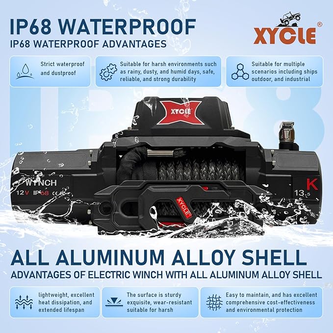 XYCLE13500lbs12V Electric Winch IP68waterproofOff-Road Vehicle Rescue winchs with2wireless Remote Controls and Synthetic Rope Suitable for Towing SUVs,Loggers,Trucks,Trailers,Jeeps,4WD (Dark-Gray)