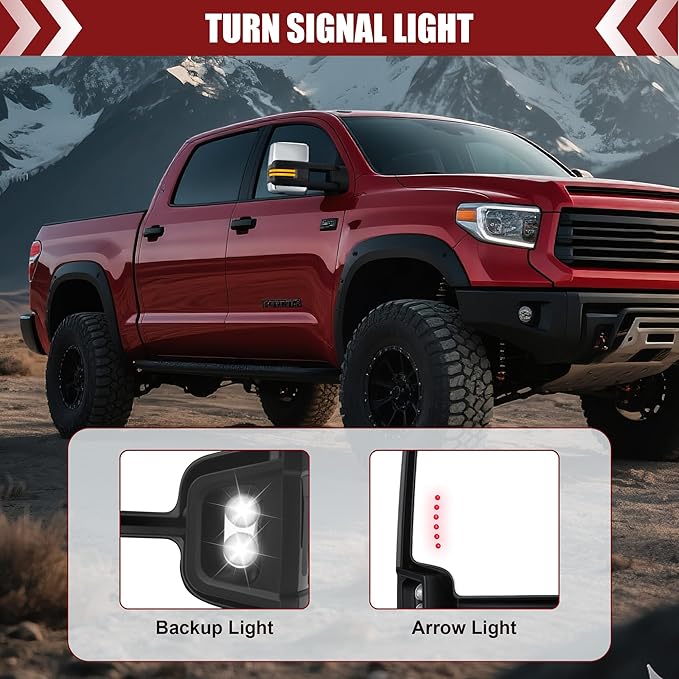 Tow Mirrors Compatible with 2007-2021 Tundra, 2008-2017 Sequoia, Extended Trailer Towing Side Mirrors with Sequential Switchback Turn Signal, Power Heated, Backup Light, Arrow Light, Chrome