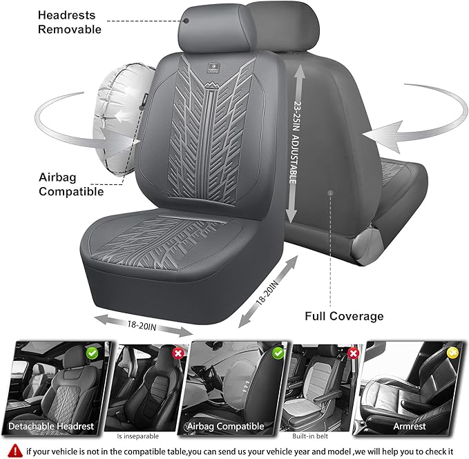 CAR PASS Waterproof Neoprene Seat Covers Full Sets, Wetsuit Car Seat Covers,All-Weather Non-Slip Durable,Universal Fit for Vans,Truck,SUV,3D Tyre Embossed Seat Covers with Airbag Compatible(All Gray)
