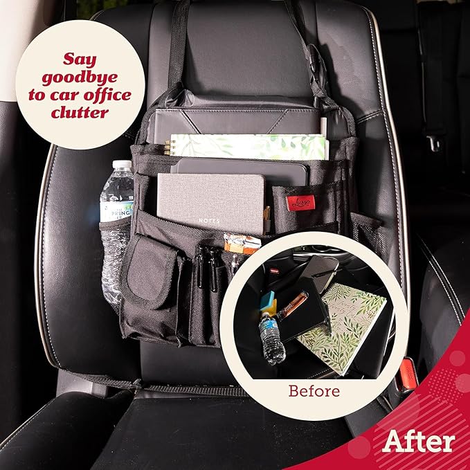 Lusso Gear Car Organizer for Front Seat or Car Seat, Ultra-Durable, One-Size-Fits-All Car Storage Organizers, Keeps Supplies Secure & Upright, Premium Car Seat Organizer for Kids & Adults (Gray)