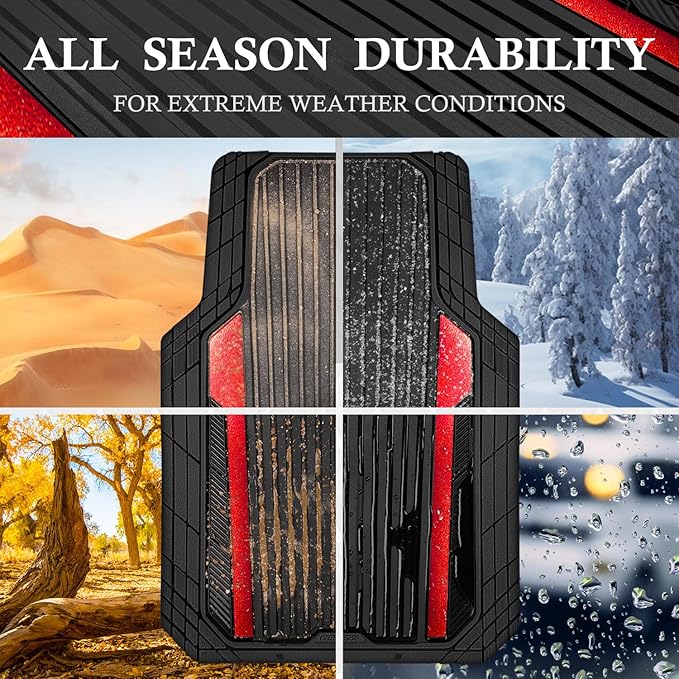 CAR PASS Heavy Duty Rubber Car Mats Metallic S~L Size, Aluminum Film All Weather Floor Mats Waterproof Universal Trim to Fit SUV Sedan Van Truck 4 Piece Deep Dish Two-Tone Sporty Black Red Chrome