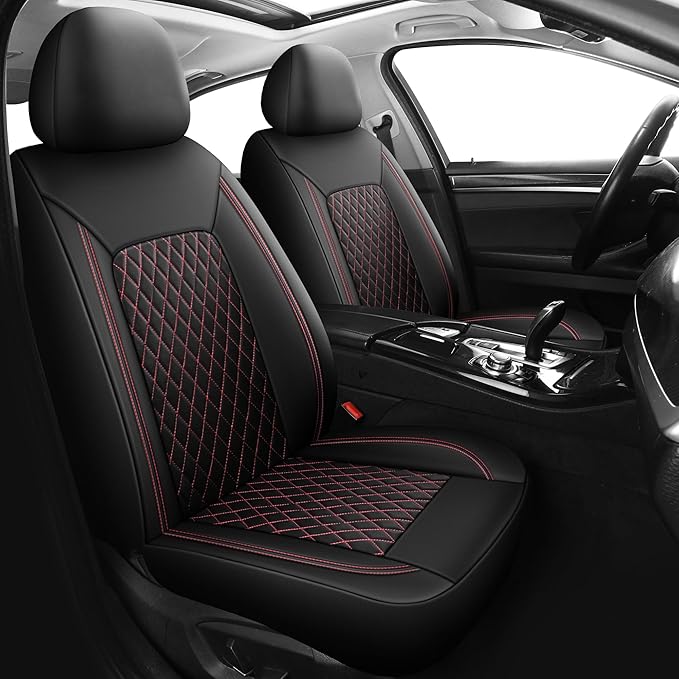 Car Seat Cover,Breathable and Waterproof Leather Seat Covers,Luxury PU Universal Fit Automotive Airbag Compatible for Cars Sedans SUV and Trucks(2 Pieces,Front Seat,Black+Redline,N1)
