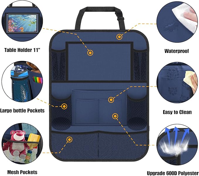 Car Backseat Organizer with 11" Table Holder, 10 Storage Pockets Seat Back Protectors Kick Mats for Kids Toddlers, Travel Accessories, 2 Pack, Blue