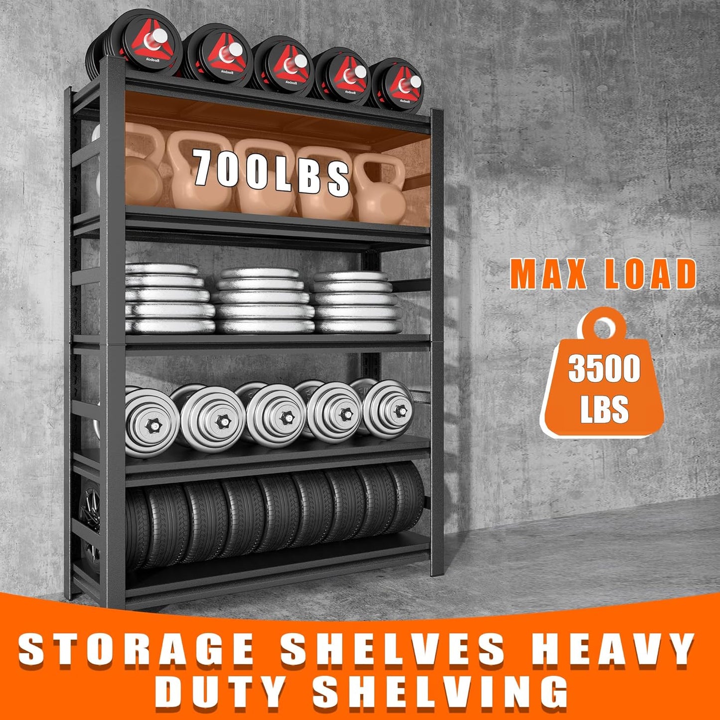 72"H Garage Shelving Heavy Duty Rack, 3500 LBS Large Capacity 5 Tier Adjustable Storage Shelves, Metal Industrial Shelf Units for Garage, Basement and Warehouse, 72"H×35.4"W×15.75"D, Black