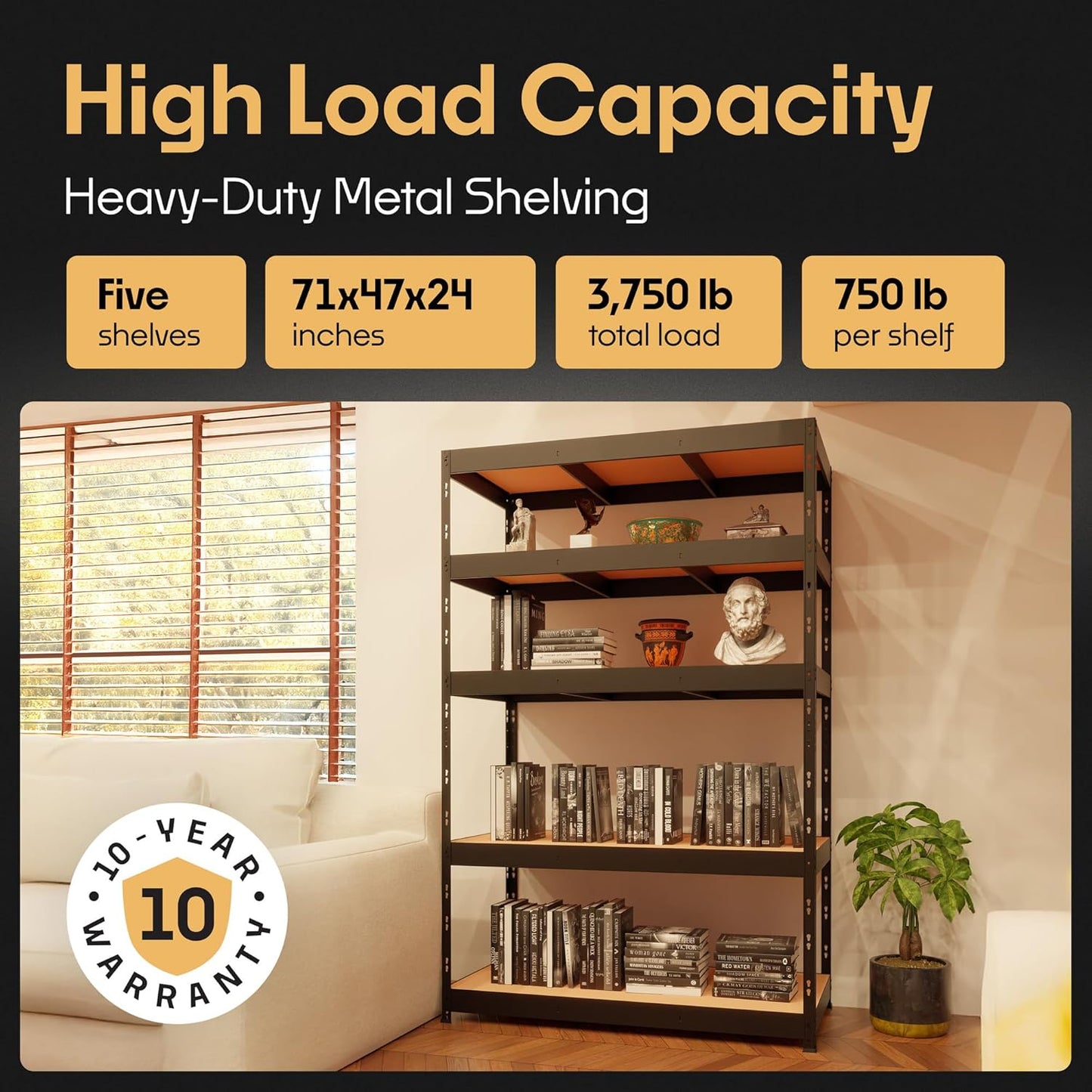 Storage Shelves: 5 Storage Shelves Heavy Duty w/ 3,750 lb Total Load Capacity, 750 per Storage Shelf, 71x47x24 | Perfect Solution for Your Storage Needs, Adjustable Shelving Unit