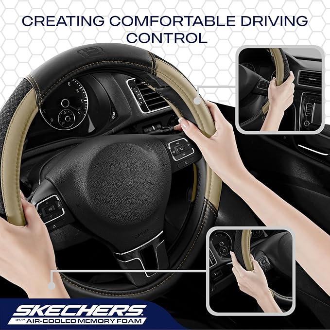 Skechers Air-Cooled Steering Wheel Cover,Leather Car Steering Wheel Cover Universal Fit 14" 1/2-15" Car Wheel Protector for Men Women Fit Suvs,Vans,Sedans,Car,Trucks,Beige