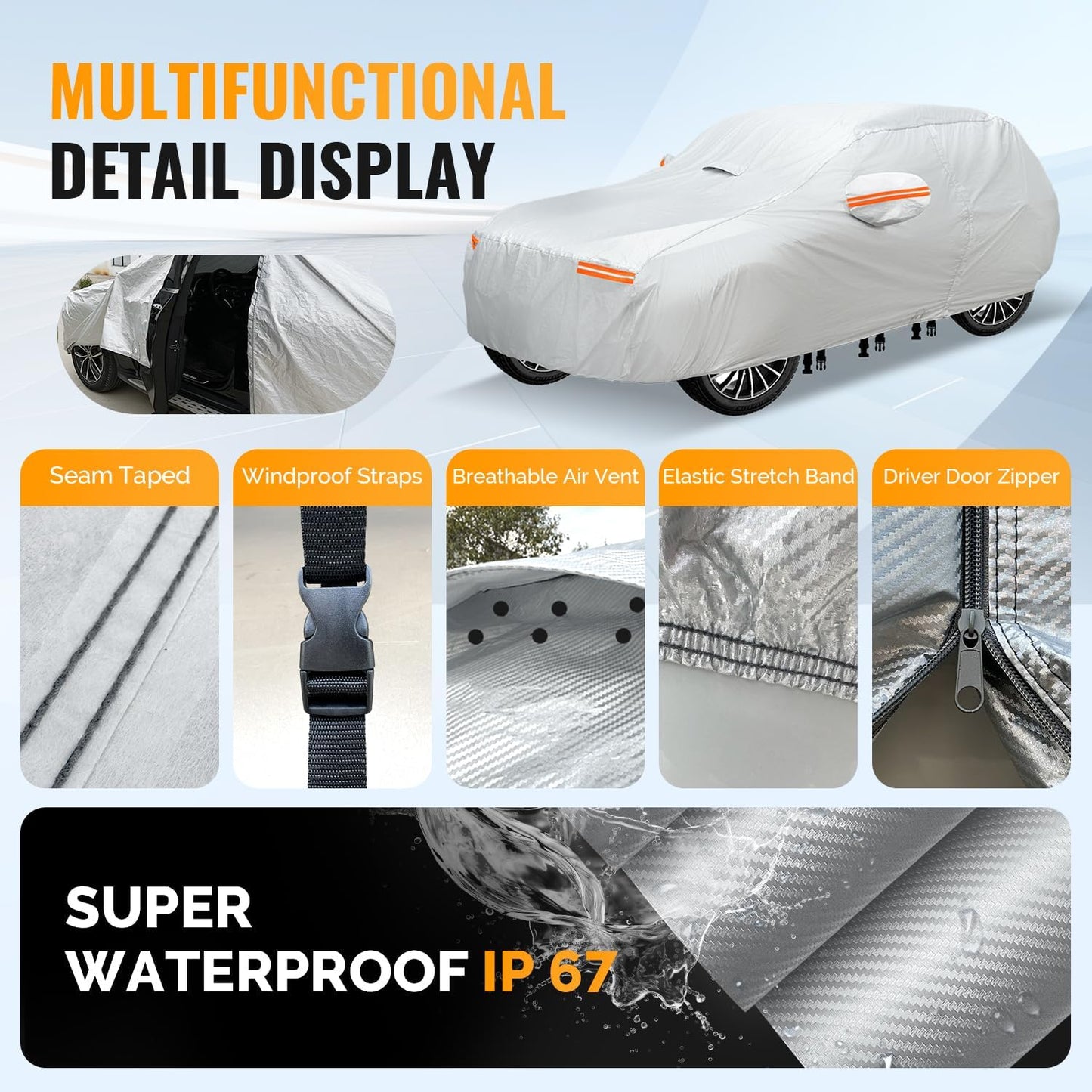 30 Layers SUV Car Cover for Automobiles All Weather Waterproof, Outdoor Snowproof UV Protection Windproof, Door Zipper, Soft Cotton, Heavy Duty Universal Car Covers, (Silver, Fit SUV 171"-180")