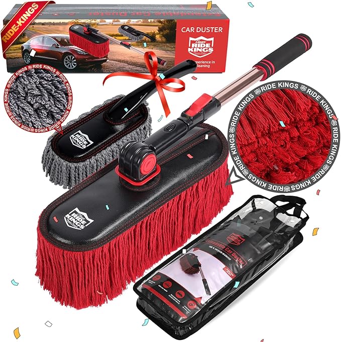 Car Duster Exterior Scratch Free,Car Dust Brush with Extendable Telescoping Handle to Remove Dust Pollen,Duster for Truck,and Motorcycle,Large Car Mop Duster Head with Wax Cotton Hair