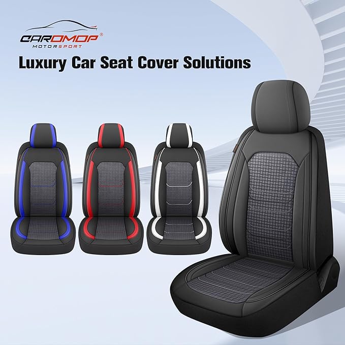 CAROMOP Premium PU Leather&Flannel Car Seat Covers 2 Front Set with Breathable Cloth,Universal Fit for Most Car Interior Covers-Sedan Truck SUV(Black/Grey)