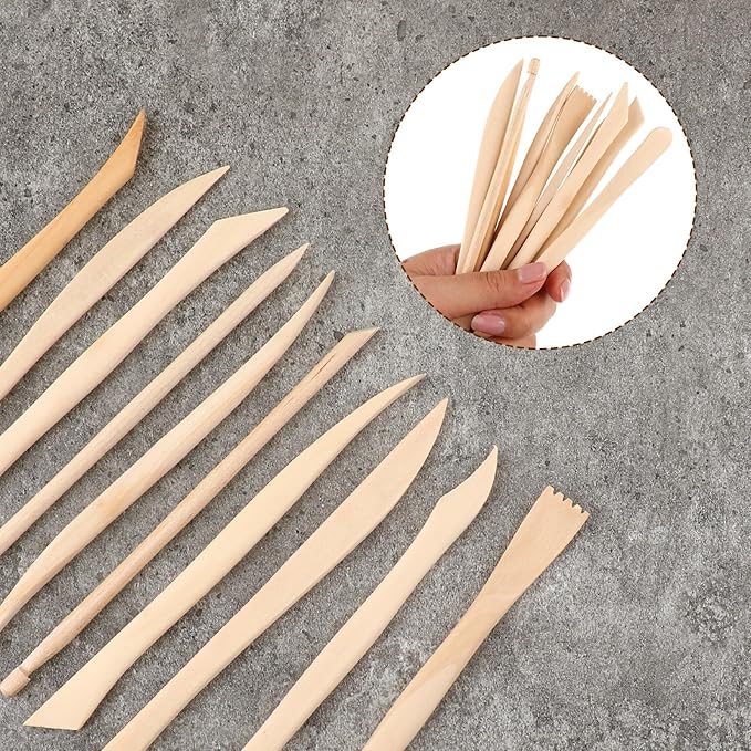 JIYIN 10 Piece Wooden Clay Sculpting Tool, 6'' Double Ended Ceramic Wooden Clay Modeling Sculpture Tool Polymer Pottery Dough Modeling Tool Kit for Cutting Carving Detailing and Smoothing