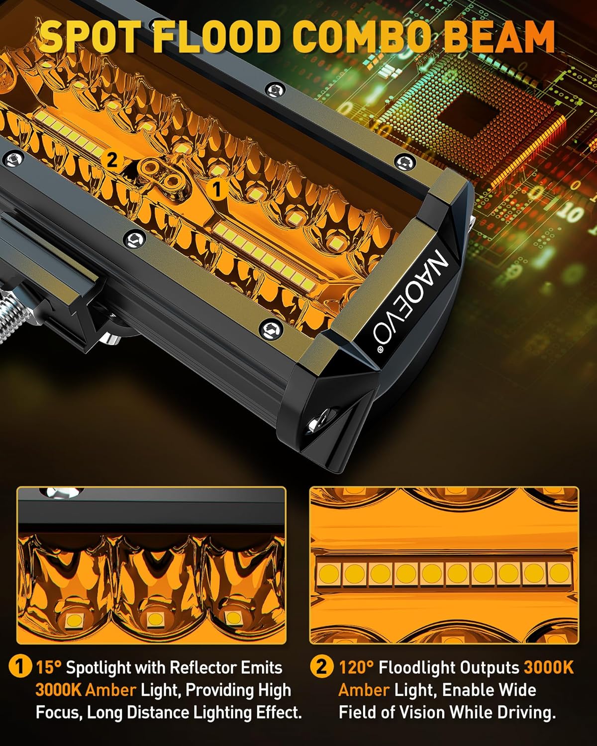 NAOEVO 7 Inch Amber LED Light Bar, 240W 24,000LM Offroad Fog/Driving Lights LED Pods with 2 Leads Wiring Harness Kit, Spot & Flood Work for Truck Boat UTV ATV, 2-Pack (Amber)