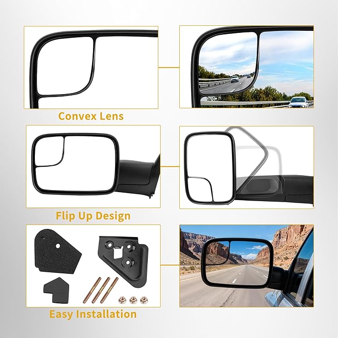 DWVO Side Towing Mirrors Compatible with 1994 1995 1996 1997 1998 1999 2000 2001 Dodge Ram 1500, 94-02 Dodge Ram 2500 3500, Door Mirrors with Manual Folding Flip Up, Pair Set