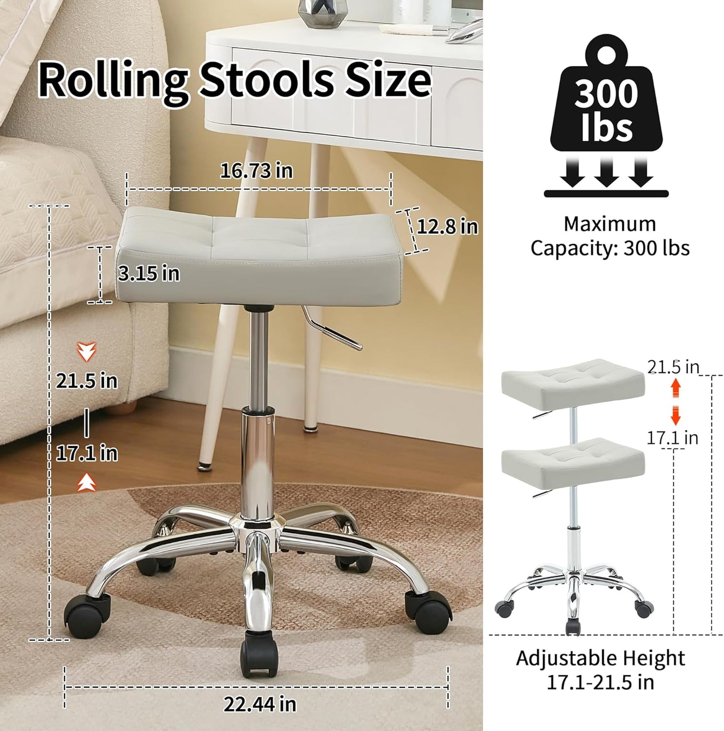 Saddle Stool with Wheels, Swivel Rolling StoolS for Vanity, Adjustable Height Tattoo Stool 17"-21" (Gray)