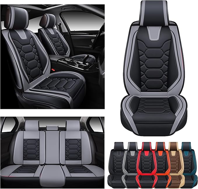 OASIS AUTO Car Seat Covers Full Set, Waterproof Faux Leather Seat Covers for Cars Universal Fit for SUV, Truck, Sedan, Black Premium Car Seat Protector with Front & Back Cushions