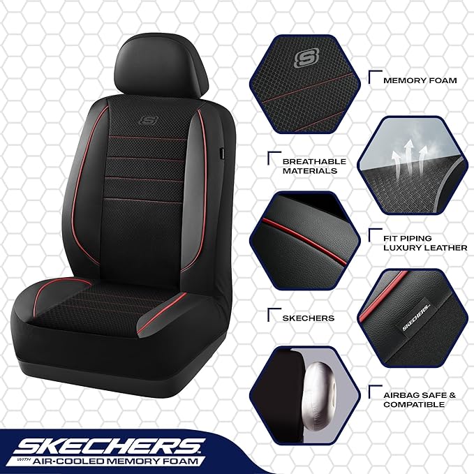 Skechers Air-Cooled Memory Foam Seat Covers,Thick Car Seat Covers,Leather Piping Car Seat Covers Front Seats,Airbag Compatible,Automotive Comfort Universal Fit Most Cars,Vans,Trucks,SUV,Red