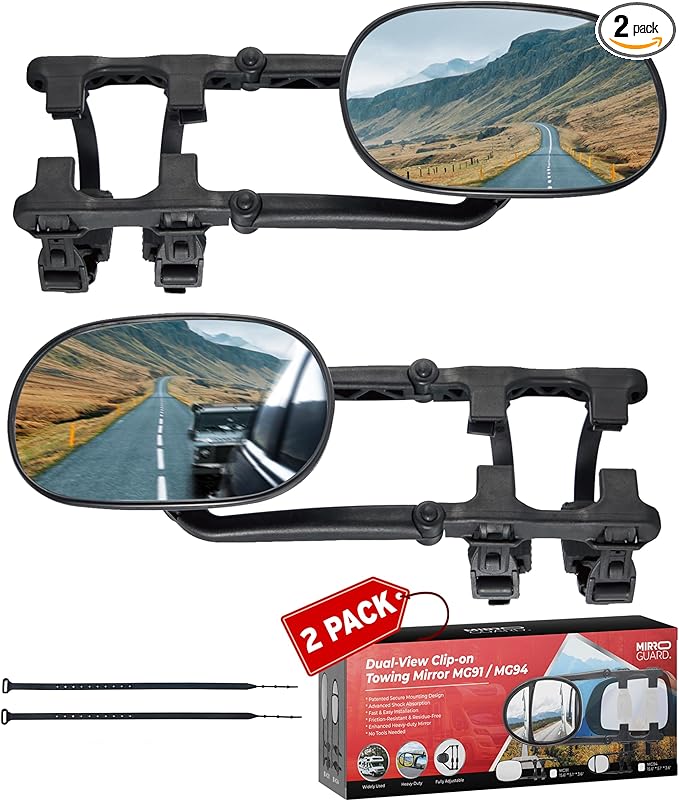Extended Towing Mirrors, Universal Clip-On Side Mirror Extensions for Pickups, RVs, and Trailers, Tow Mirrors with Extenders (Model MG91)