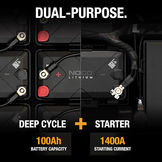 NOCO Lithium NLX27: 12V LiFePO4 Lithium Battery — Dual-Purpose — 100Ah Deep-Cycle + 1400A Group 27 Starter Battery — For Auto, Car Audio, Marine, Boat, RV, Off-Grid, Camper — UL Listed