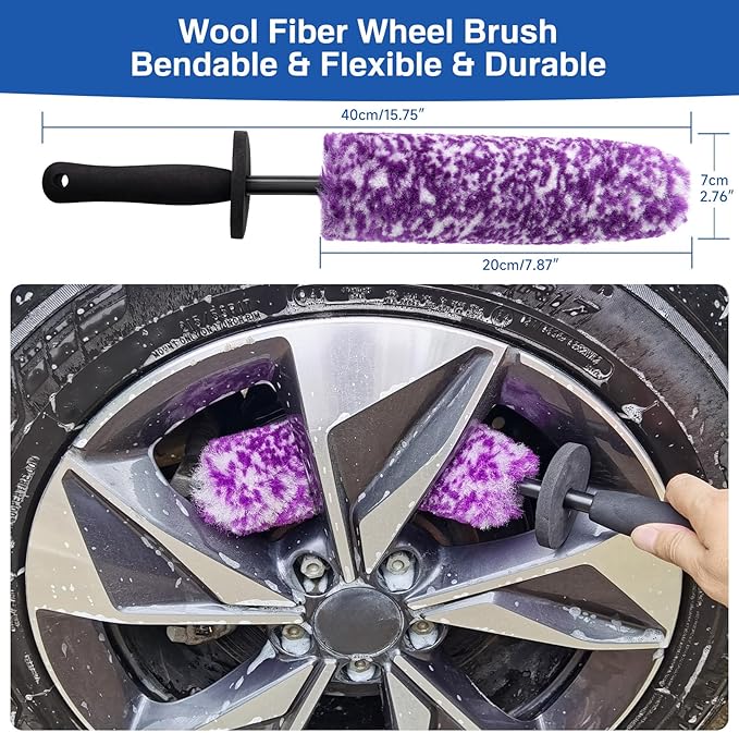 5 Pack Car Wheel and Tire Cleaner Brushes Kit Auto Motorcycle Rim Ultra Soft Microfiber No Spatter Bendable Woolies Bristle Cleaning Set (Purple & White)