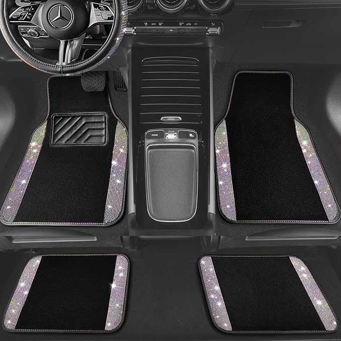 CAR PASS Bling Diamond Leather Steering Wheel Cover 14.5in-15in Floor Mats Shining Rhinestone Carpet Sparkly Glitter Crystal Anti-Slip Pad Fit Automotive SUV Pickup Truck Girl Women, 5pcs Multicolor