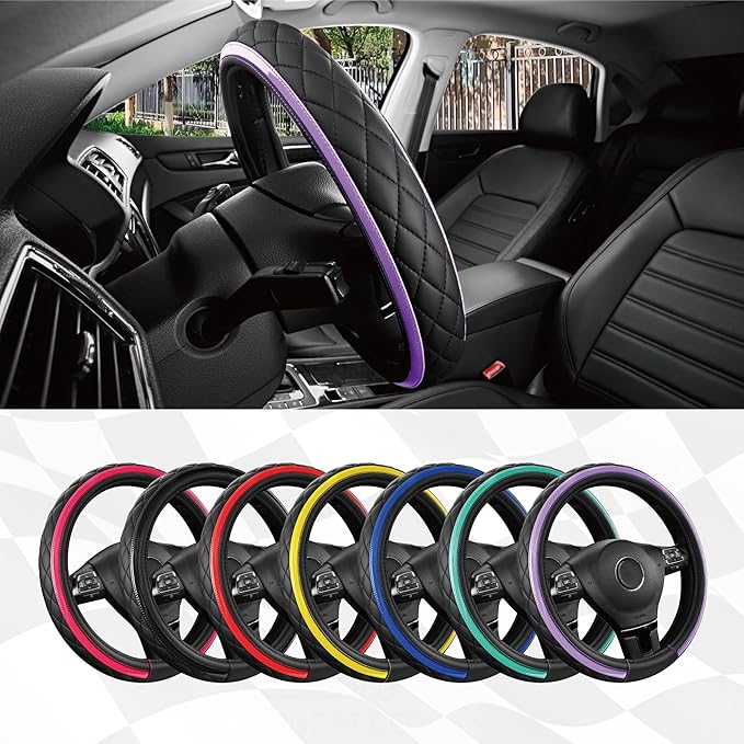 Road Comforts Leather Steering Wheel Cover – Black & Purple, Universal Fit 14.5-15 Inch, Microfiber Leather, Anti-Slip & Breathable Design for Men and Women
