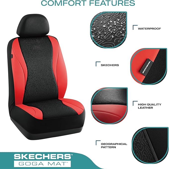 Skechers Car Seat Covers,Leather Seat Covers with GOGA Mat Technology,Waterproof Car Seat Covers Full Sets,Airbag Compatible,Comfort Universal Fit for Most Cars,Vans,Trucks,SUVs,Red