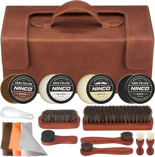 NINGO Leather Shoe Polish Kit, 16pcs Shoe Shine Kit with 6 Horsehair Brushes, 3 Black Brown Neutral Shoe Polish & Mink Oil