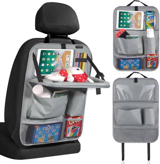 LUCMO Car Backseat Organizer with Tablet Holder,6 Storage Pockets Car Storage Organizer with Foldable Food Tray,Protectors Kick Mats Travel Accessories-Grey