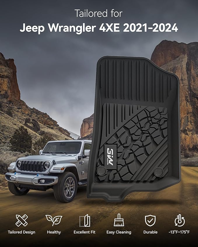 3W Floor Mats & Cargo Liner & Backrest Mats for Jeep Wrangler 4XE 2021-2024 2025 (Non JL/JK), All Weather TPE Rubber Heavy Duty Wrangler 4XE Accessories (Hybrid & 4 Door with Subwoofer)