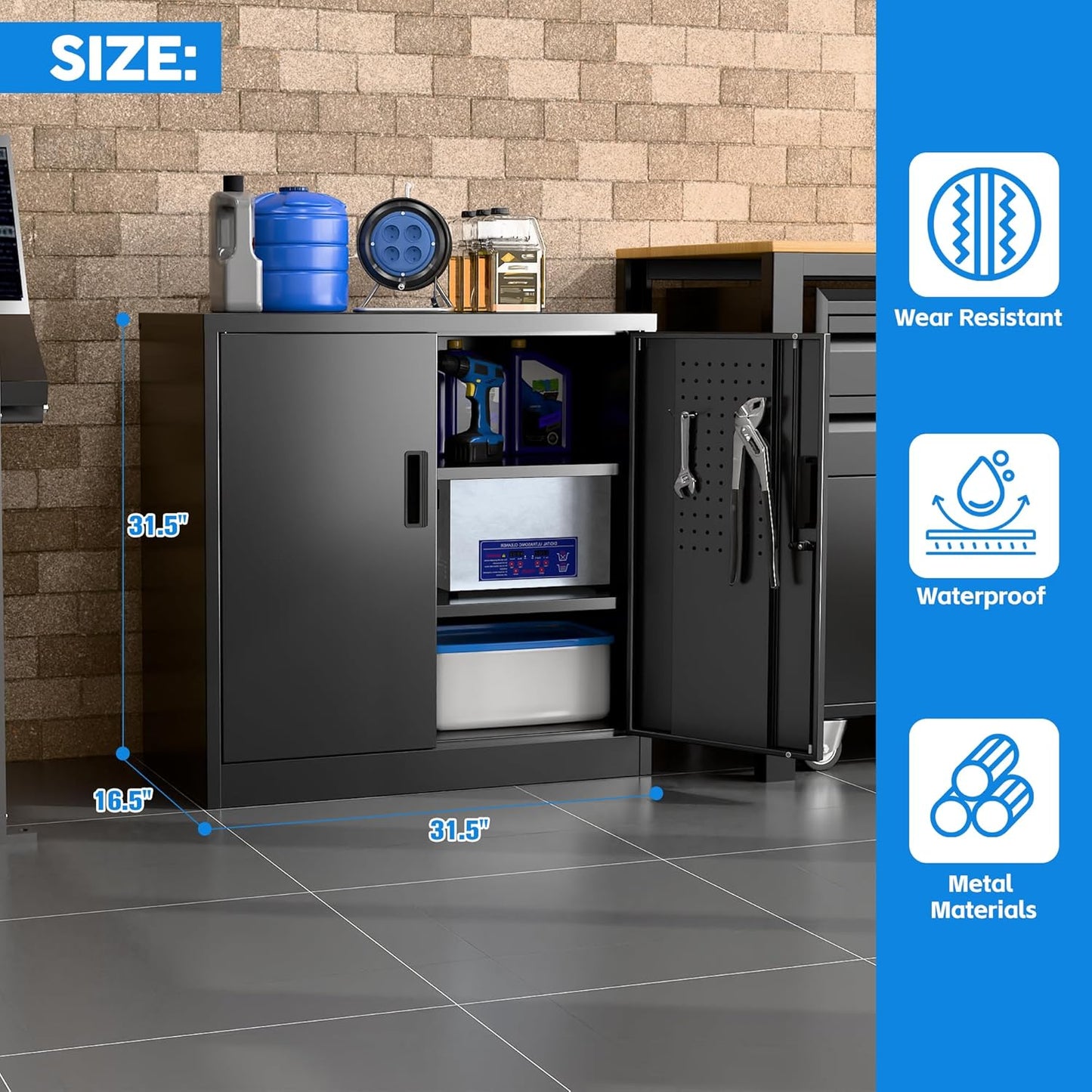 Metal Storage Cabinet with Pegboard 31.5”H×31.5”W×16.5”D, Lockable Rolling Steel Storage Cabinet with 2 Adjustable Shelves and Door for Garage, Office, Kitchen, Assembly Required(Black)